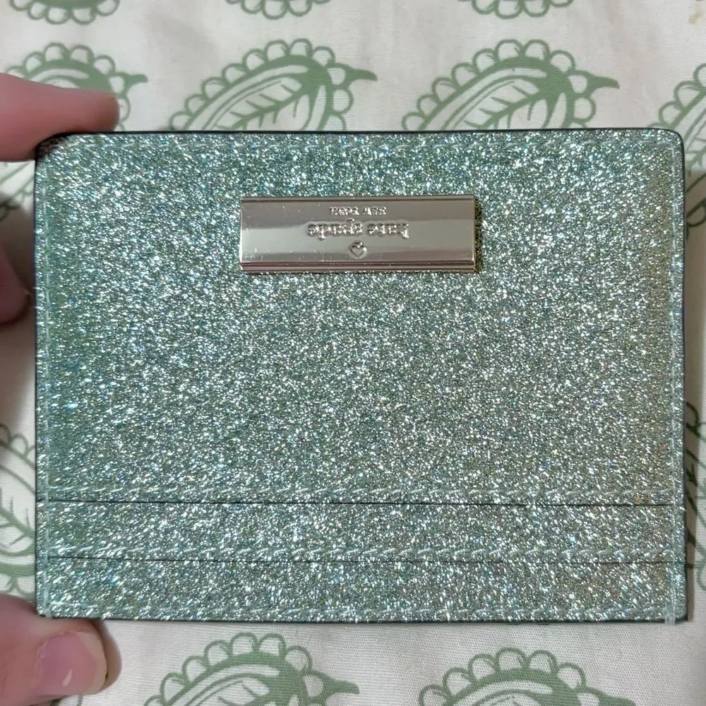 Kate Spade New York Sparkle Kenzie Glitter Card Case Seawater Mint Green OS NIB